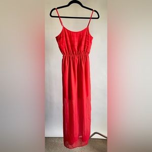 Wet Seal Maxi Dress with Sheer Overlay, Coral, Size Medium